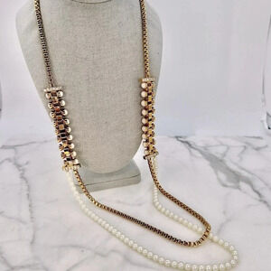 Ann Taylor Long Necklace Signed Gold Tone Faux Pearl 26” Double Strand E…